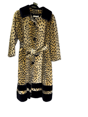 Vintage IRVING POSLUNS Leopard Print Faux Fur Trench Coat with Black Trim